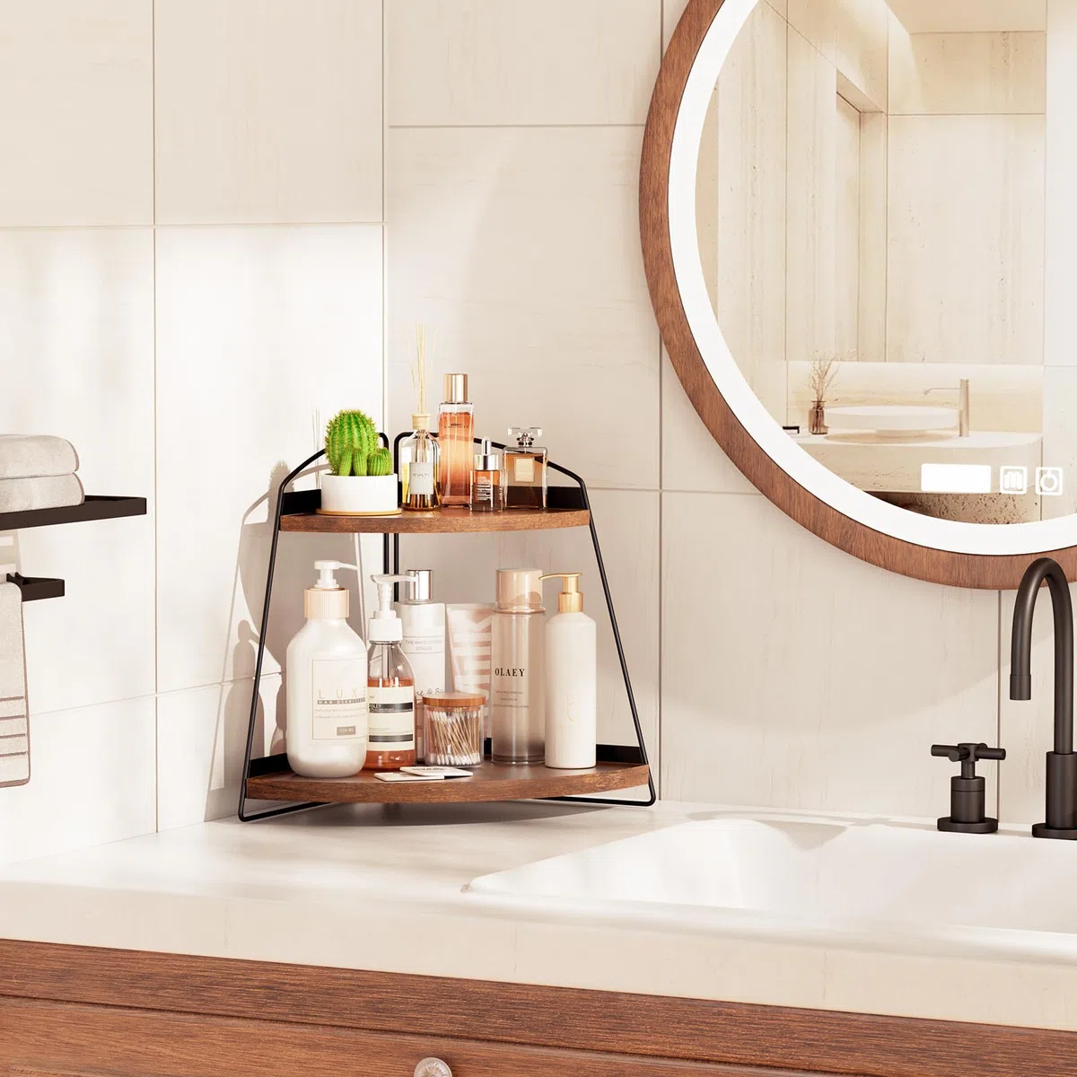 Puricon Organizador Esquina 2 Niveles，Estantería de Almacenamiento para Baño,Salón y Habitación,Organizador de Cosméticos,Perfumes y Aromas,Estante Multiusos Resistente a la Humedad- Marrón