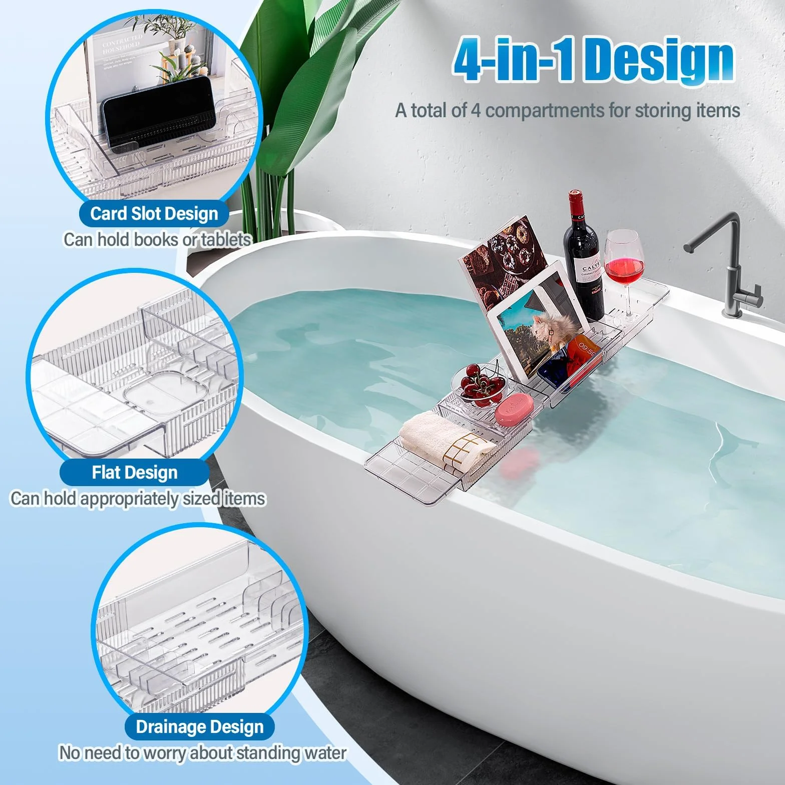 Bandeja para Bañera de Acrílico, Bandejas Bañera Jacuzzi para Bañera para Una Bandeja de Baño Retráctil para Bañera, Accesorio de Baño para Copas de Vino, Libros, Tabletas, iPad y Teléfono