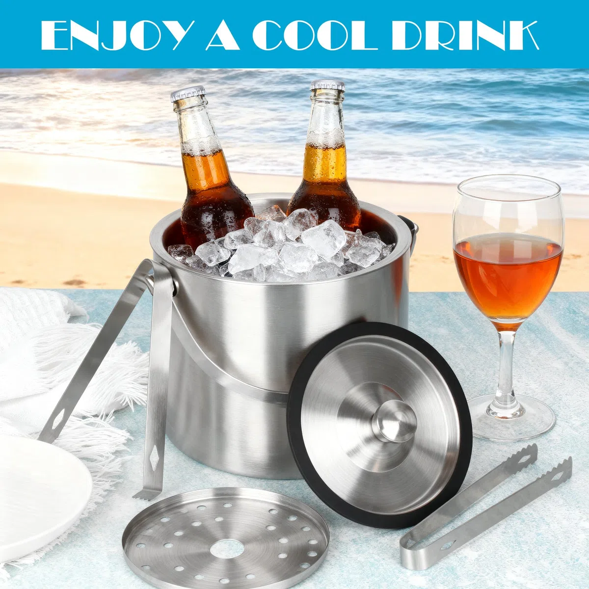 1.6 L Cubiteras Acero Inoxidable, Cubitera Hielo con Tapa, Pinzas y Rejilla de Goteo,Cubiteras para Hielo con Tapa para Fiestas,Cerveza,Cócteles,Vino Frío