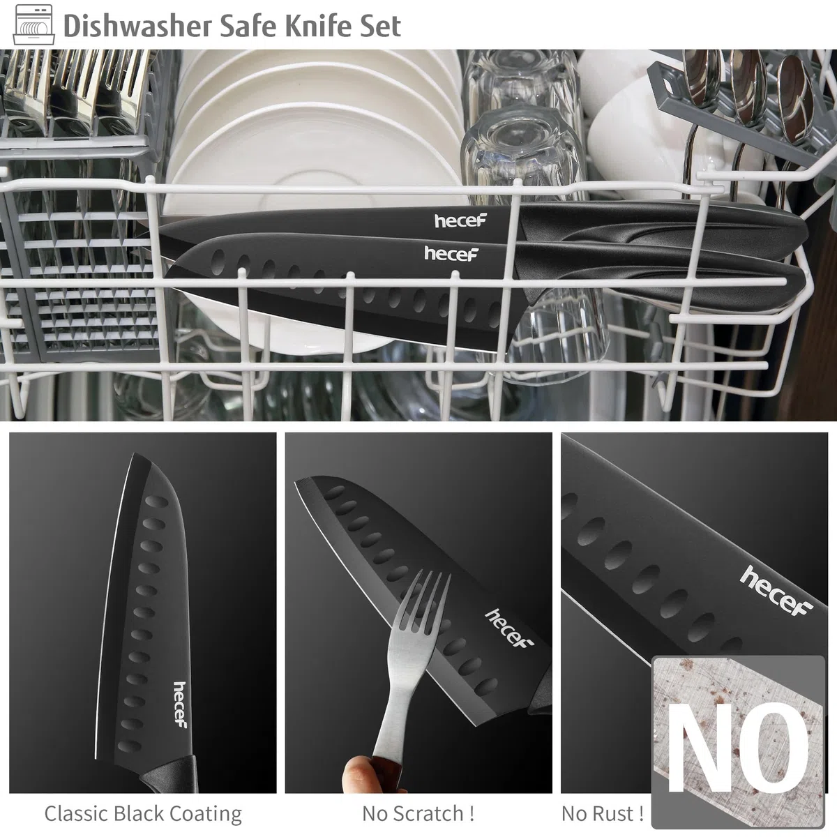 hecef Juego de Cuchillos de Cocina, 6 Piezas Cuchillos en Acero Inoxidable con Revestimiento Antiadherente, Mango Ergonómico y Funda Protectora, Aptos para Lavavajillas, Diseño Moderno para Uso Diario