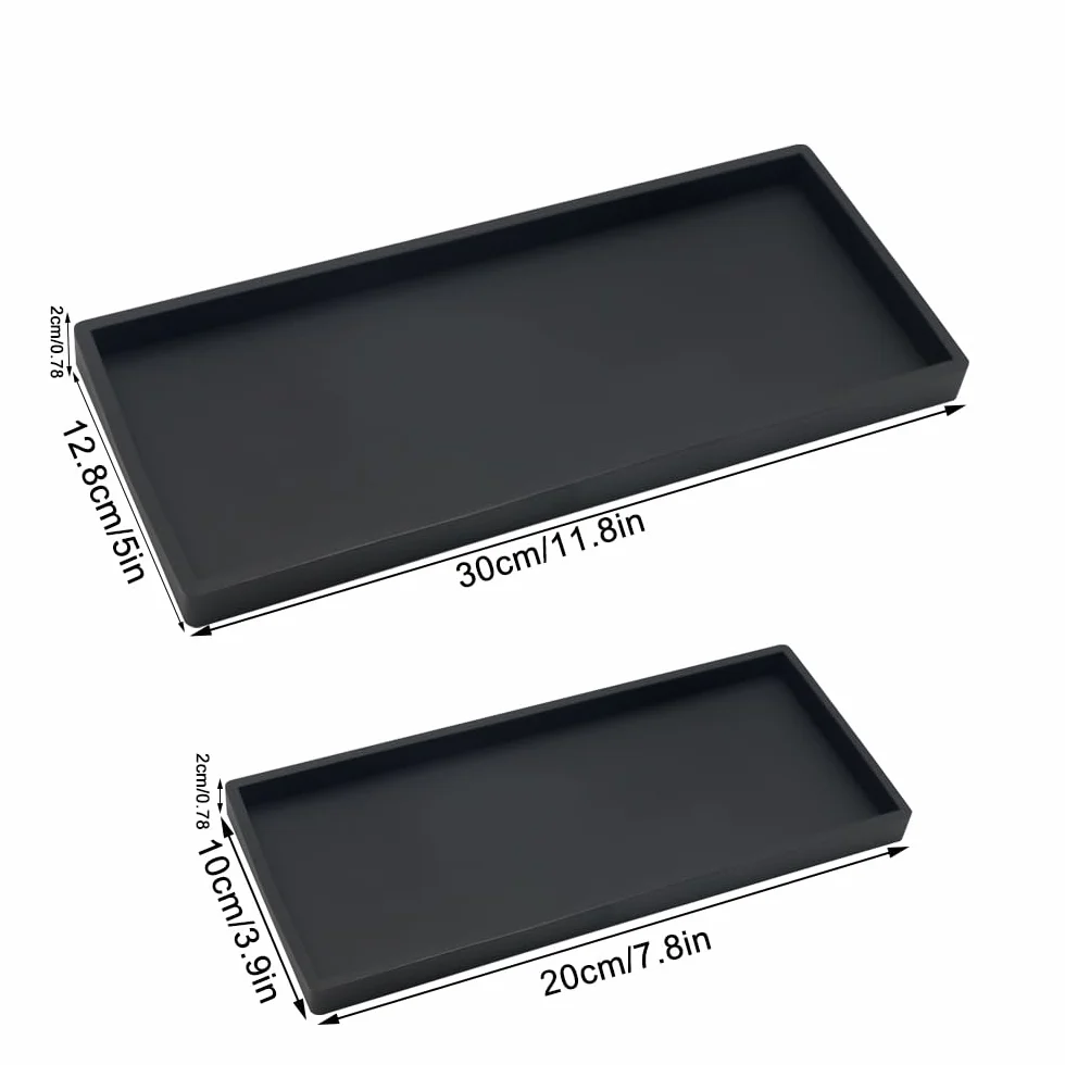 2 Pcs Bandejas de Baño, Bandeja Rectangular Negra,Bandeja Almacenamiento Baño para Tocador,Fregadero de Cocina Y Bandeja de Silicona para Baño