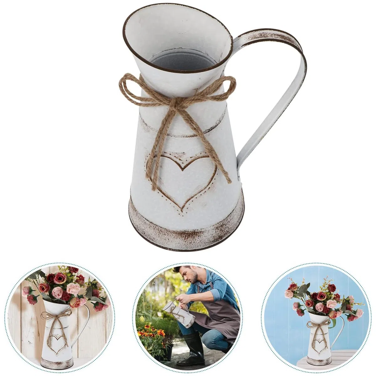 Jarrón Decorativo Rústico de Metal, Diseño Único en Forma de Corazón y Cuerda, Galvanizado, para Flores, Cactus, San Valentín, Balcón, Salón, Decoración de Mesa (Tuba)