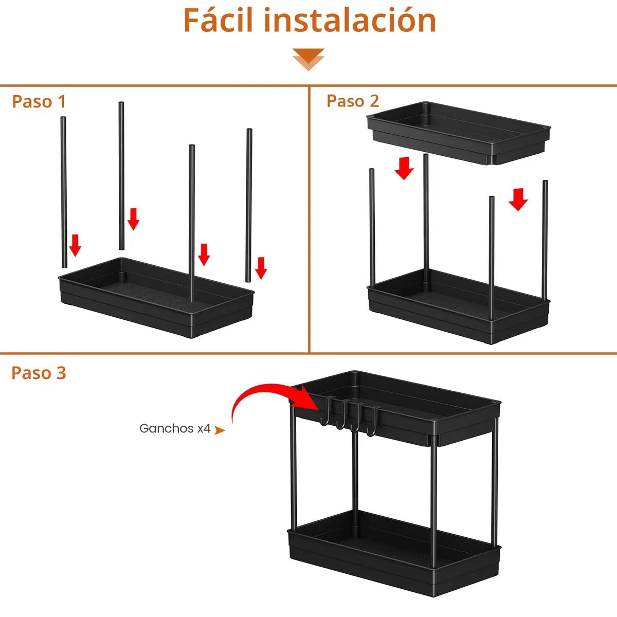 TidyTrove 2 Paquete Organizador Bajo Fregadero - Organizador Cocina 2 Niveles para Debajo del Fregadero,Organizador Baño con 8 Ganchos,Negro