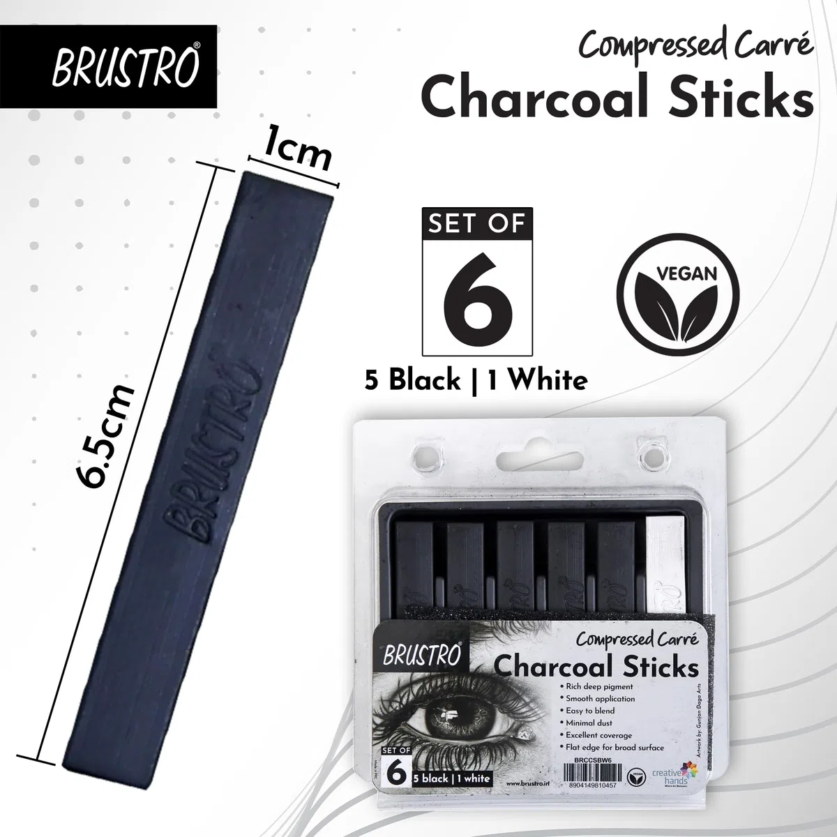 BRUSTRO Palos de carbón comprimido para artista, juego de 6 (5 negros y 1 blanco), ideal para retratos de carbón, dibujo, manualidades, uso profesional.