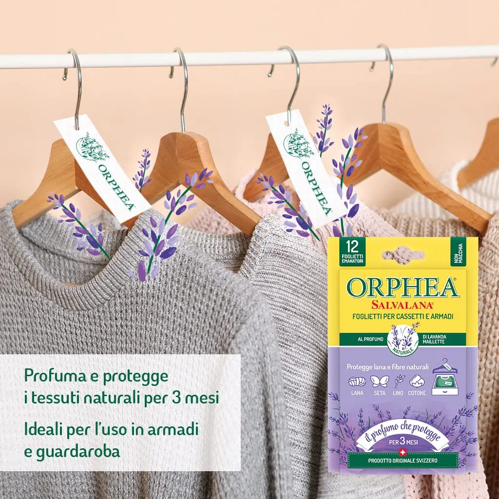ORPHEA Salvalana - Juego de 3 Hojas para cajones y armarios - Protege la Lana y la Ropa - Perfume de Lavanda - 3 Unidades, 118933