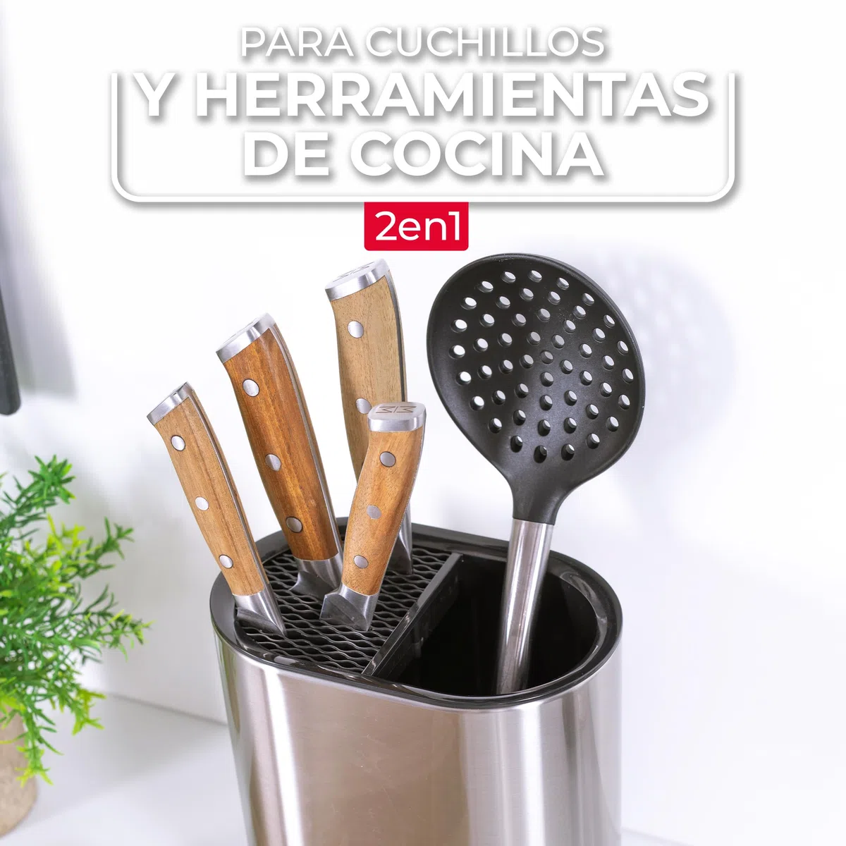 Vileda Organizador de cocina de acero inoxidable – Recipiente para guardar utensilios de cocina – Utensilios de cocina Soporte – Soporte para utensilios de cocina – Soporte para cucharas de cocina