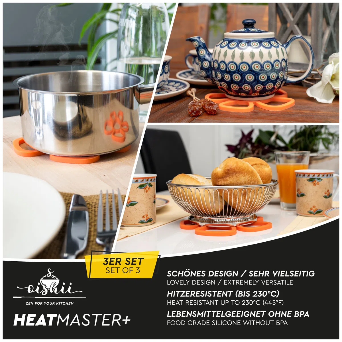 Oishii Heatmaster+ Conjunto de 3 salvamanteles, resistente al calor - diseño de flores, color naranja