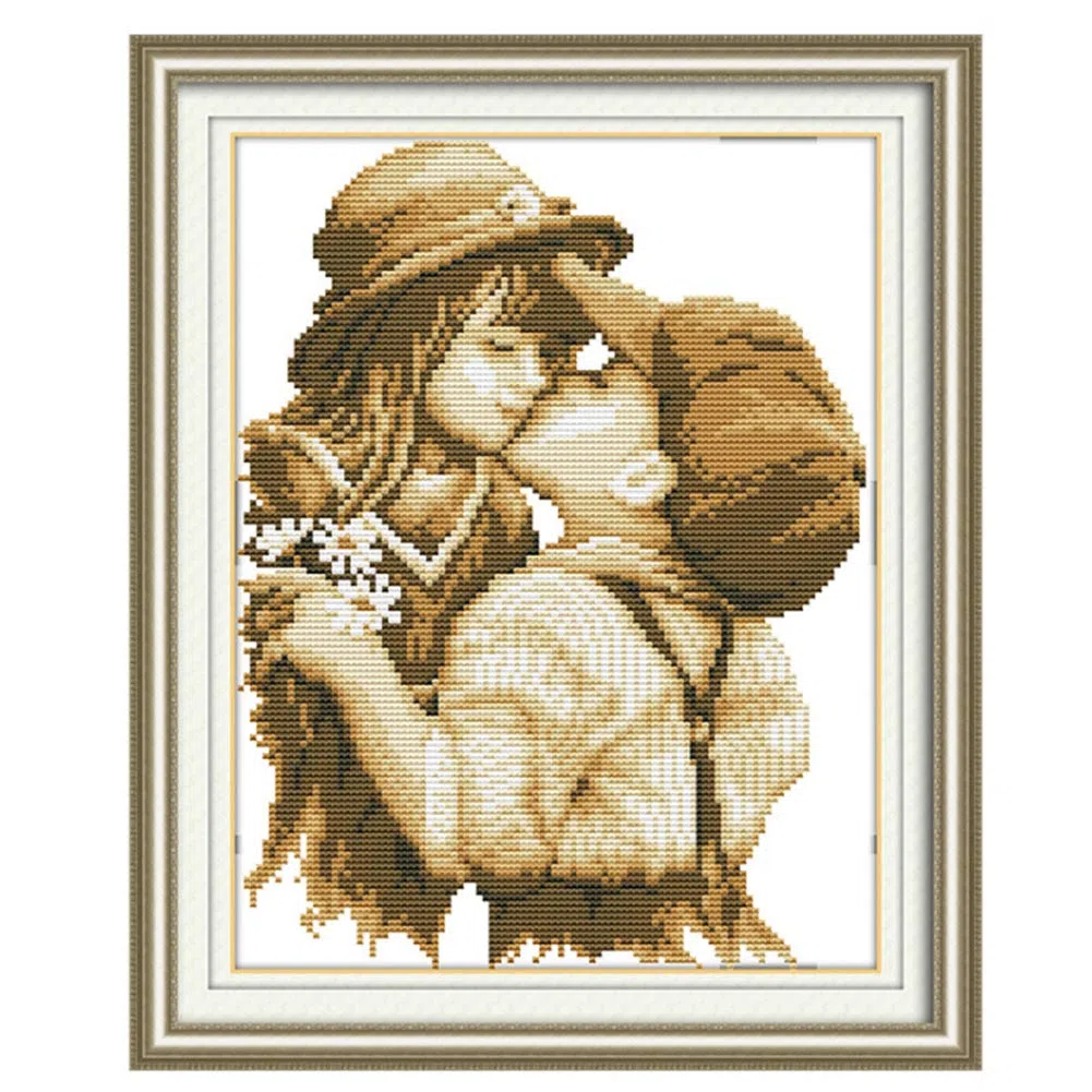Proumhang,punto de cruz estampado,11CT,3 hilos,kit de bordado de primer beso romántico europeo,manualidades con aguja,bricolaje,estampado de Aida,sala de estar,dormitorio,pasillo,31 cm x 38 cm: BESO