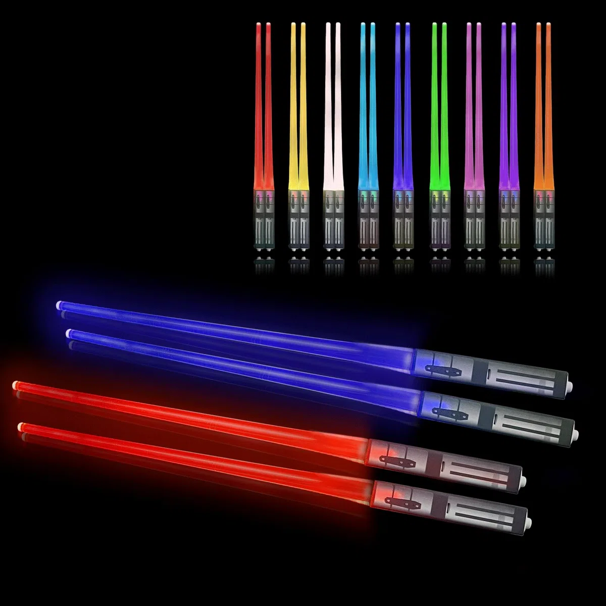 Palillos de sable de luz, SOARFLY 2 pares de palillos LED con 9 modos de color, Lightsaber Chopsticks sin BPA, reutilizables, palillos luminosos para cocinas, cenas, sushi, fiestas, cubiertos