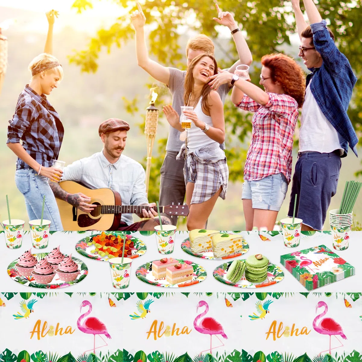 Aloha - Juego de 81 vajilla de fiesta hawaiana, decoración de cumpleaños, platos y vasos de cartón, toallas, diseño de verano, decoración para niños y niñas