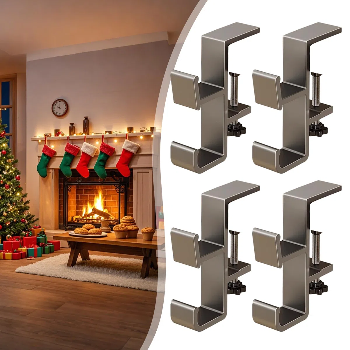 Colgador para Guirnaldas - Colgador 2 en 1 para Guirnaldas y Medias, Sujeta Guirnaldas para Chimeneas | Sujeta Guirnaldas y Medias, Ganchos Ajustables para Decoración Navideña - Sujetador Sin Taladro