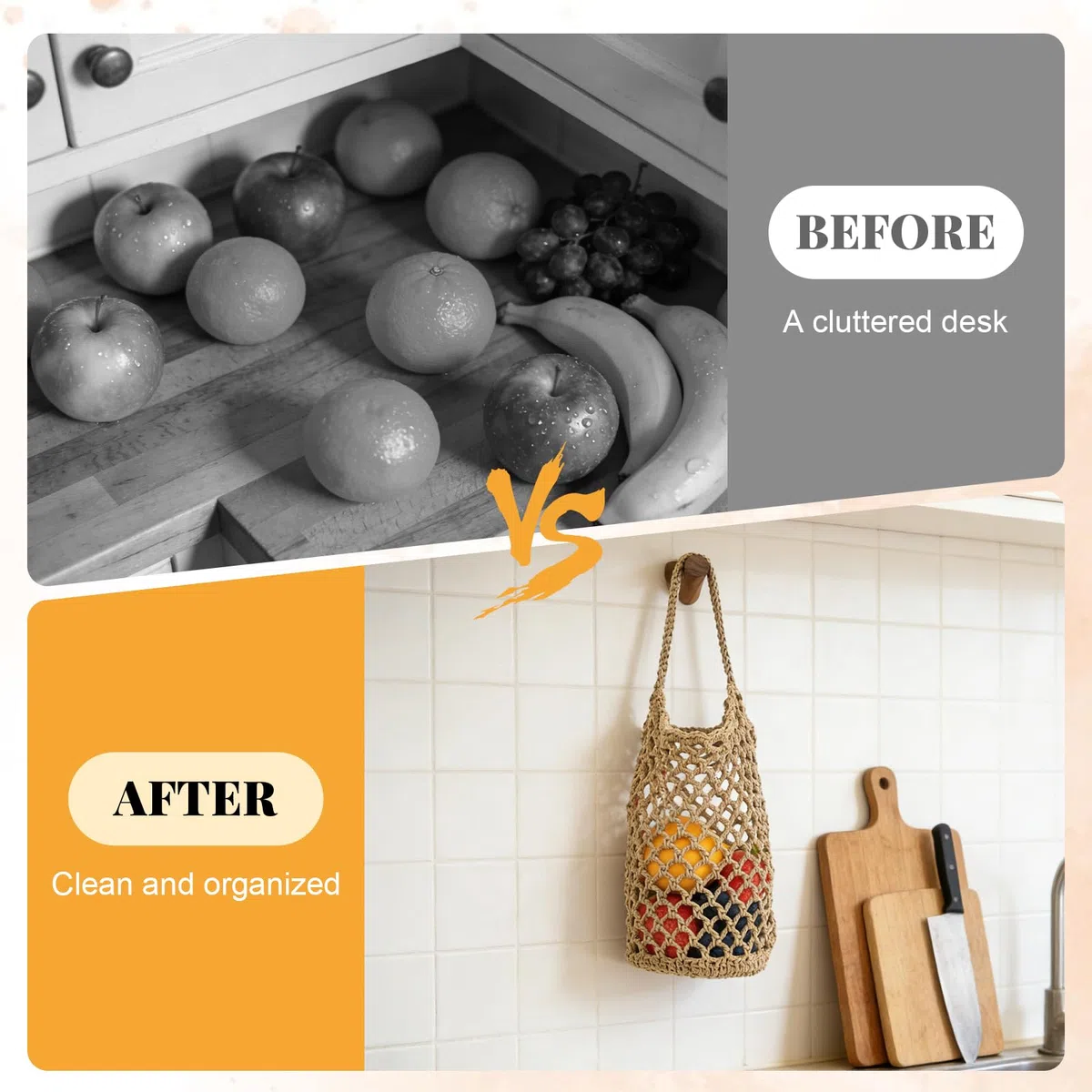 Cestas Colgantes para Frutas, Cesta Colgante de Pared Cestas de Frutas Vegetales para Colgar, 2 Piezas Tejido a Mano Malla 32x16cm para Huevos Frutas Verduras, Suspensión en Pared o Techo