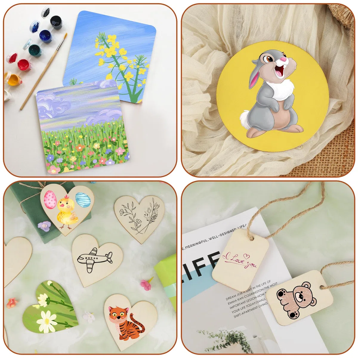 65 unidades de placas de madera sin tratar para manualidades, redondas, cuadradas, en forma de corazón, espacios en blanco, pirograbado, escritura, decapado de madera, juego para manualidades,