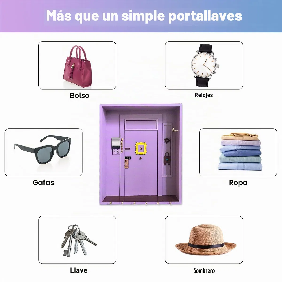 Friends Monica'S Door Wall Key Holder, Friends Key Hooks Con Espacio De Almacenamiento Y 6 Ganchos Colgador Llaves Pared Para Amantes De Los Programas De TelevisióN Para BañO Sala De Estar (Morado)