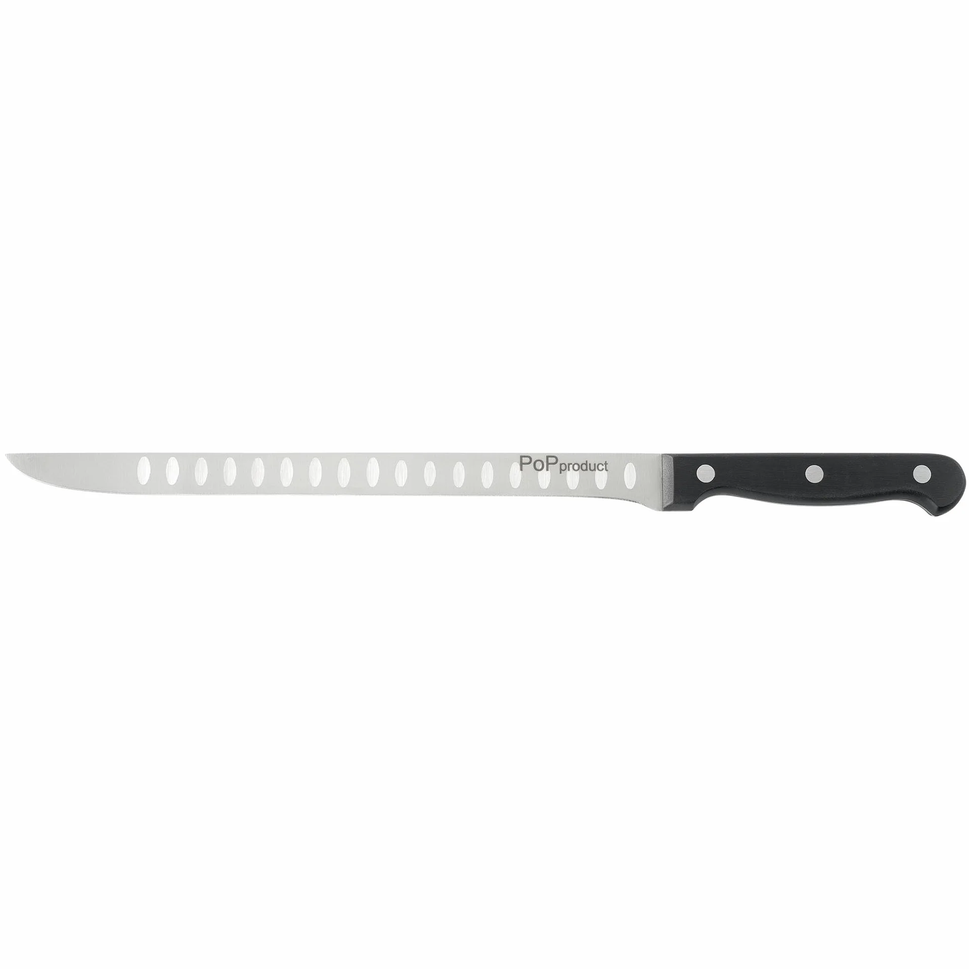 Cuchillo Jamonero Forja de Acero Alemán, alveolado en las dos caras. Hoja de 255 mm de acero inoxidable. Mango ergonómico de Polioximetileno-POM de 120 mm.