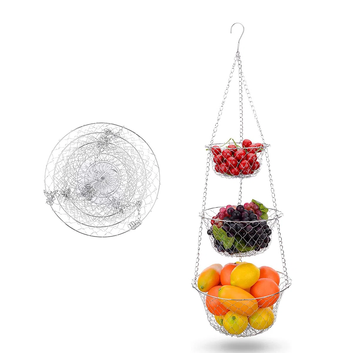 LxwSin Frutero para colgar, 3 estantes, cesta para frutas para colgar, cuenco para colgar, soporte de alambre metálico, resistente organizador de cocina para frutas, verduras, flores y plantas, color