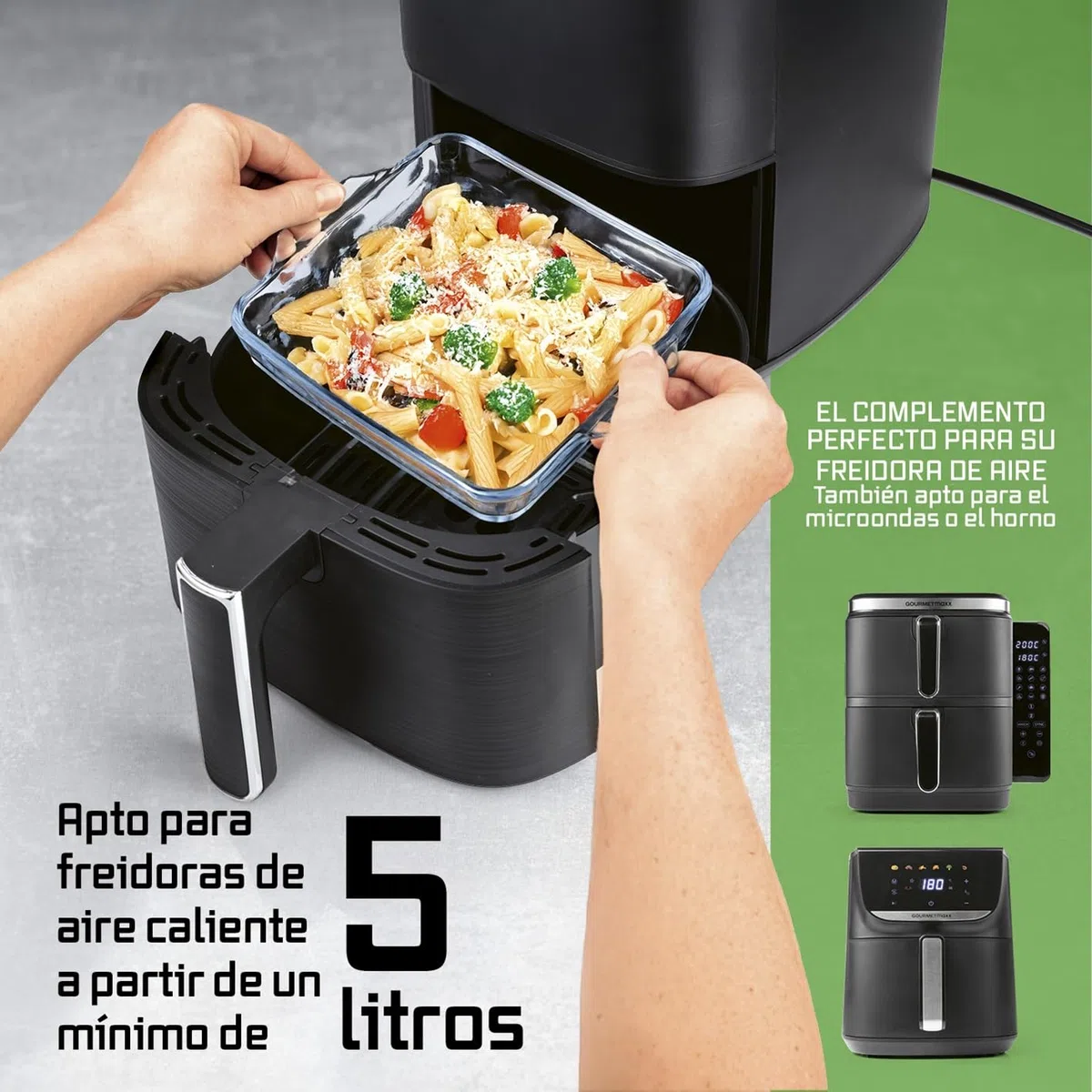 GOURMETmaxx Fuente de horno de cristal para freidora de aire caliente y horno, juego de 2 – 800 ml cada uno | Molde rectangular | Cuenco pequeño – Preparar, cocinar, servir, molde de cristal Airfryer