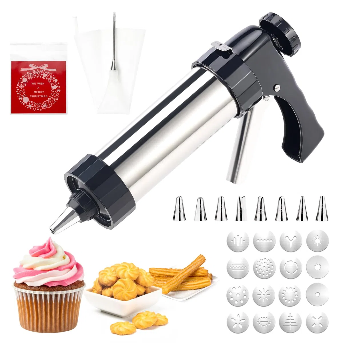 Churreras para Churros Acero Inoxidable Profesional,Prensa de Repostería para Galletas,Máquina para Hacer Churros con 16 Plantilla,8 Boquilla y Cepillar,Biscuit Maker Machine para Churro Galletas