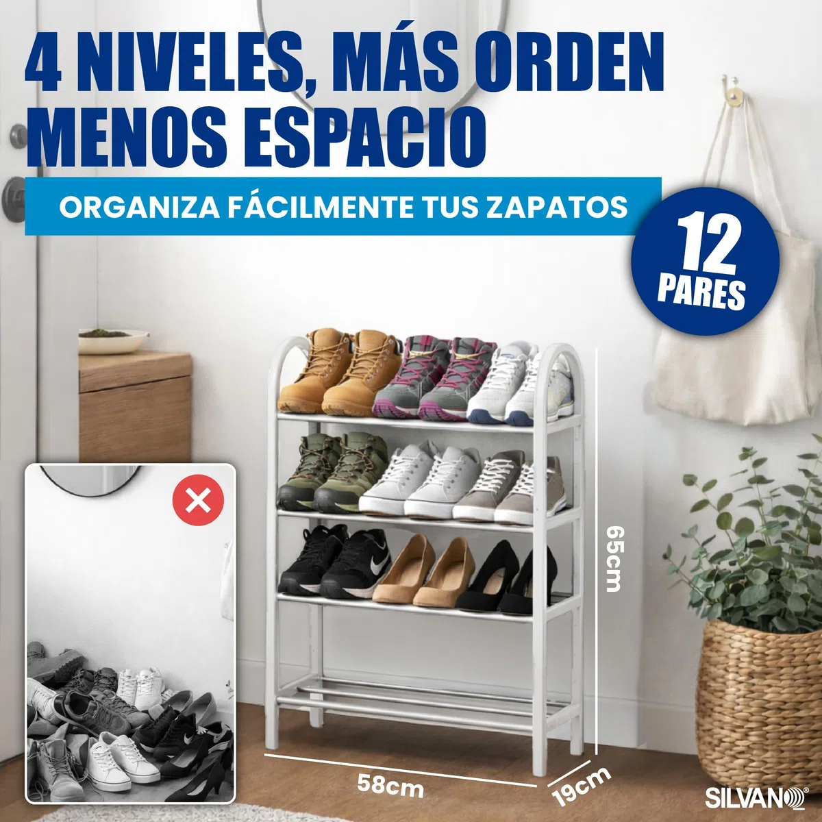 SILVANO Zapatero, Organizador de Zapatos, Estante para Zapatos, 4 Baldas, Estructura de Metal - 19 x 58 x 65 cm - Portátil, Multifuncional, para la Habitación, Dormitorio, Pasillo (Blanco)