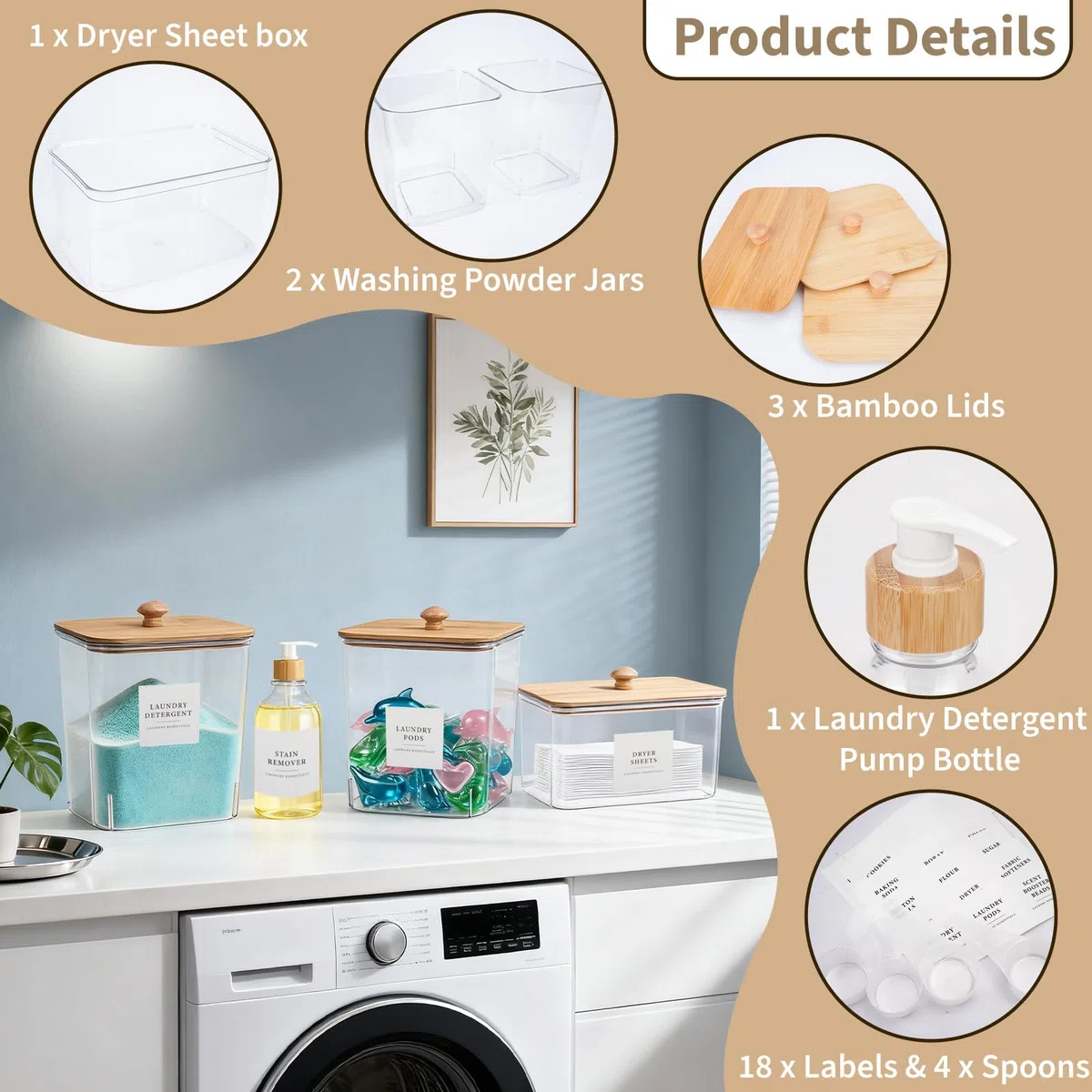 Pods de almacenamiento de detergentes, caja de almacenamiento de polvo de lavado con palas y etiquetas, juego de recipientes para detergentes, cajas de detergente con tapa para vainas de