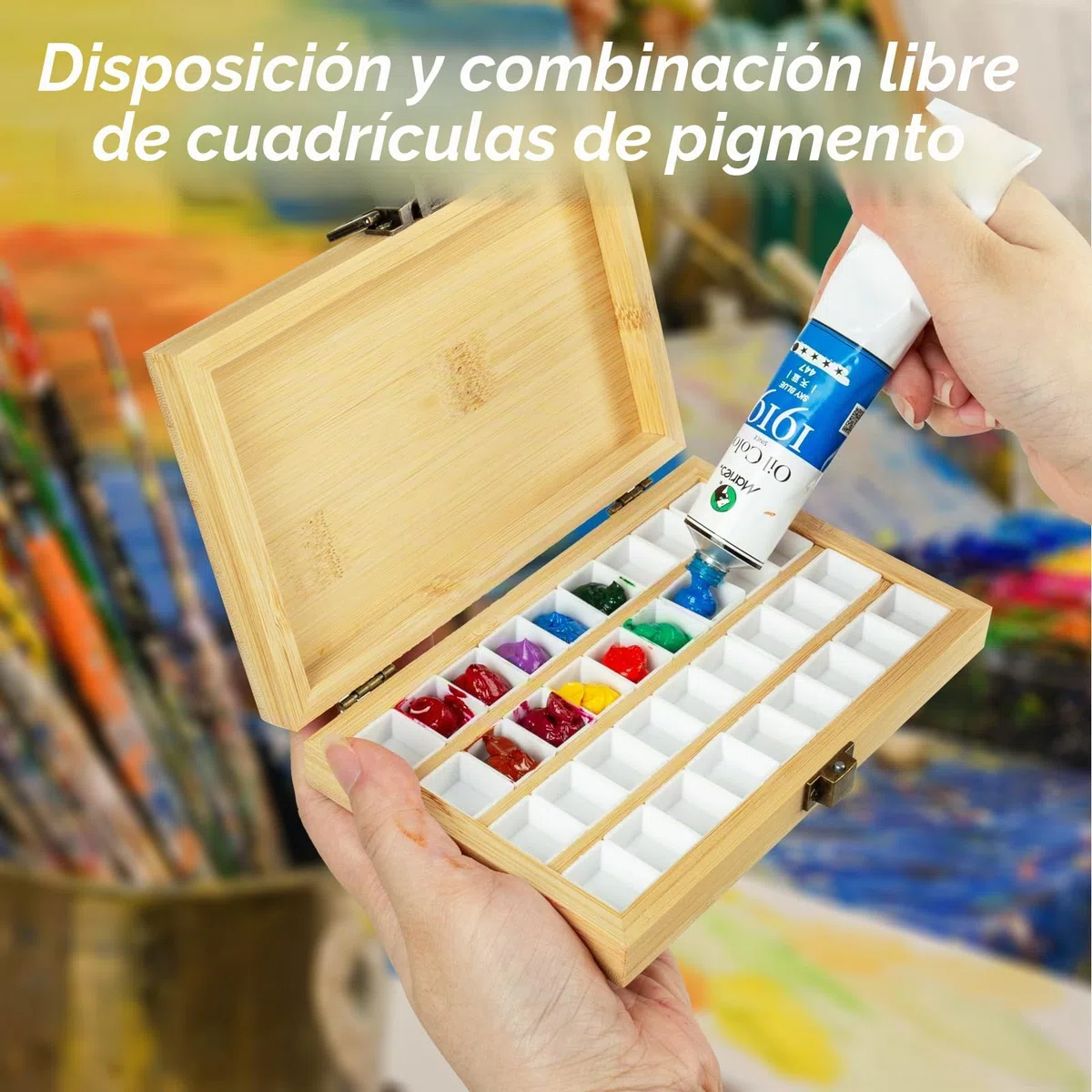 Paleta de Pintura de Madera para Acuarelas con Tapa Hebilla Cuadrada Paleta de Pintura Acrílica con 36 Rejillas para Pintores del Ejército Pintores de Acuarela Artistas Principiantes