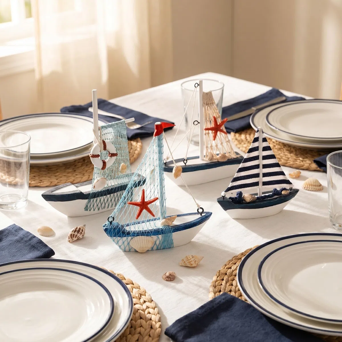 NUOBESTY 4 Piezas Miniatura Artesanal Barco de Vela de Madera Estilo Mediterráneo Diseño Detallado y Acabado Natural Decorativa para Hogar y Oficina