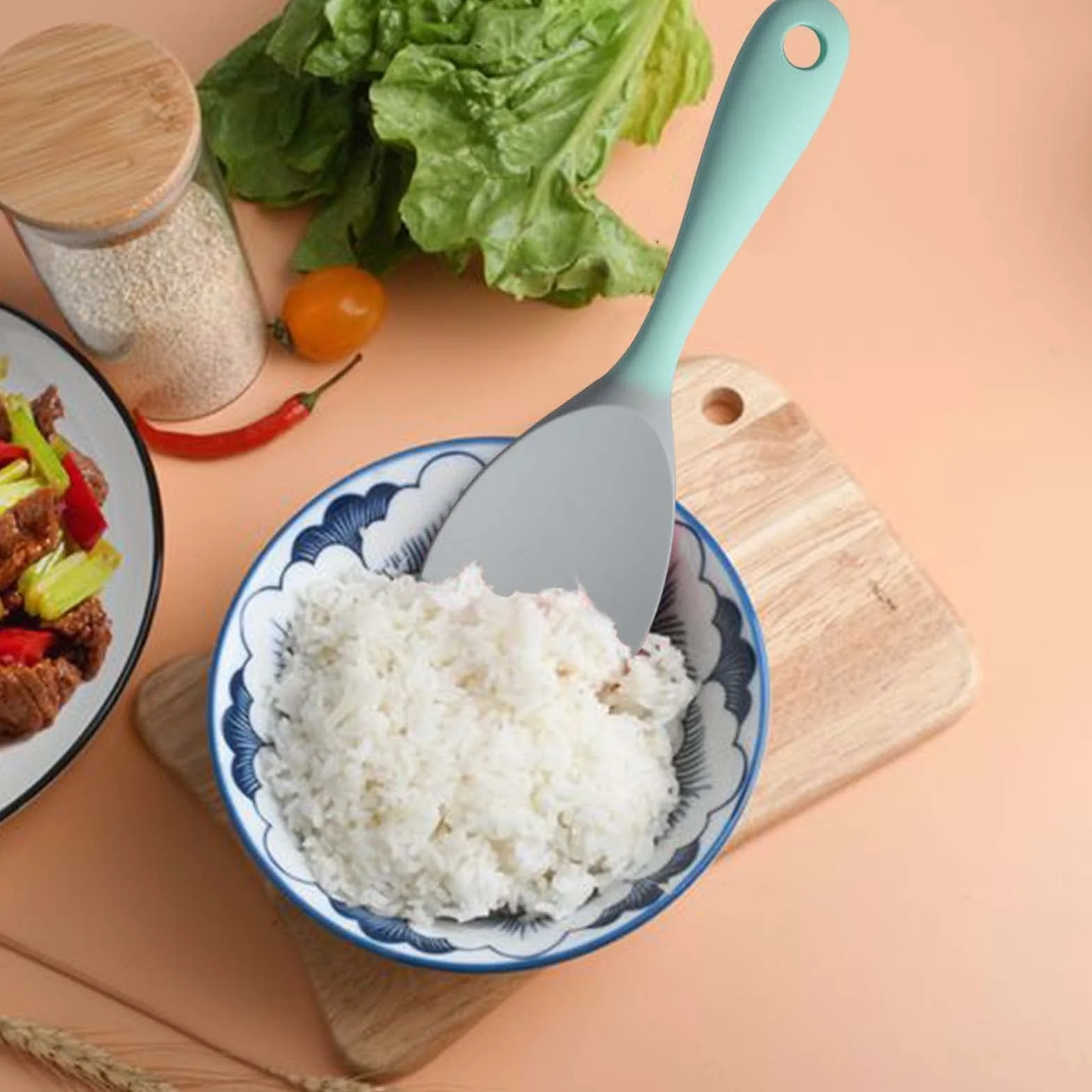 Paleta de Arroz Cuchara y Espátula de Silicona para Cocina, Cucharas Antiadherentes de Silicone para Servir