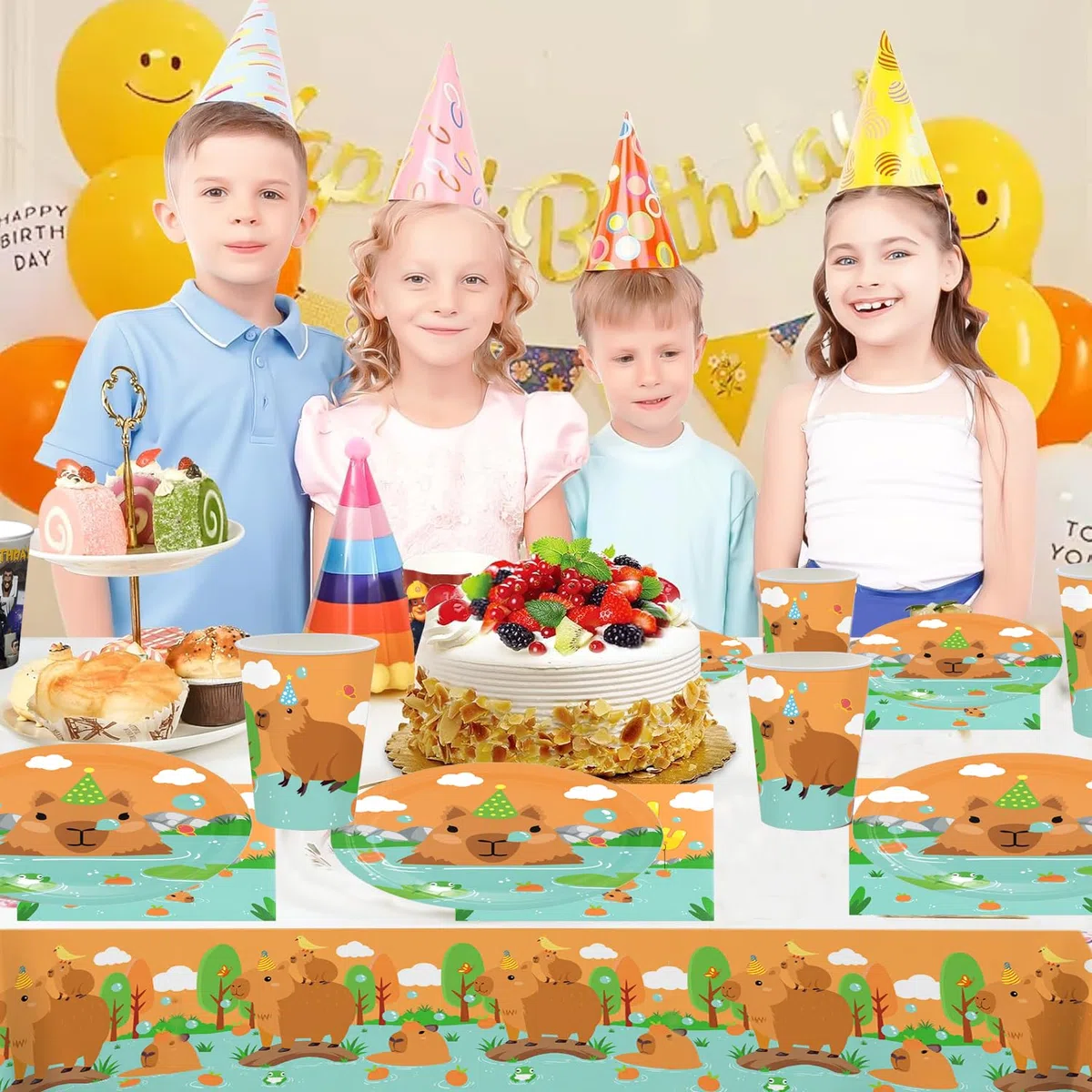 61 Piezas Capybara Party Tableware, fiesta temática Capybara, juego de vajilla incluye platos, tazas, servilletas, manteles, adecuado para baby shower, fiesta de cumpleaños (20 personas)