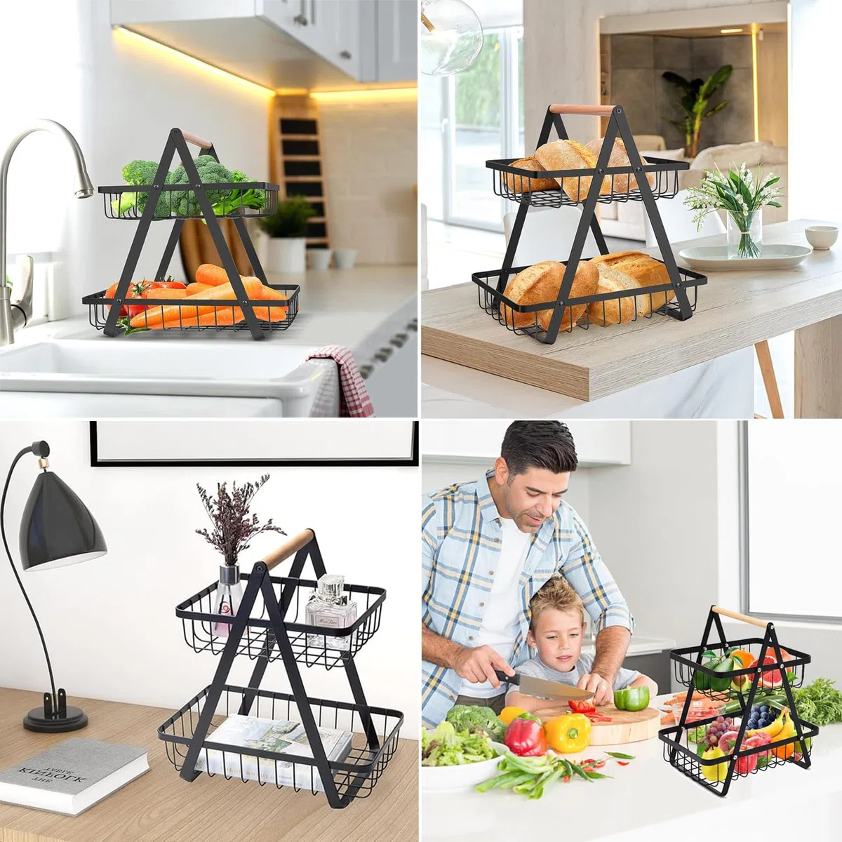 Fruteros de Cocina, Cesta para Fruta de 2 Niveles, Cesta de frutas metálica para mostrador y organizador cocina,Almacenamiento Canasta, Cesta de Frutas de Metal para, Verduras, Aperitivos y Pan