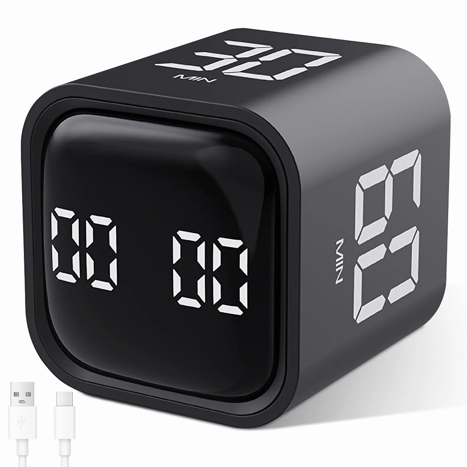 Cuteefun Cubo Temporizador, Pomodoro Timer Rotativo, 5/10/30/60 Minutos y Cuenta Atrás Personalizada, Temporizador Digital con Vibración, Alerta Sonora Ajustable para Cocina, Estudio, Reunión, Negro