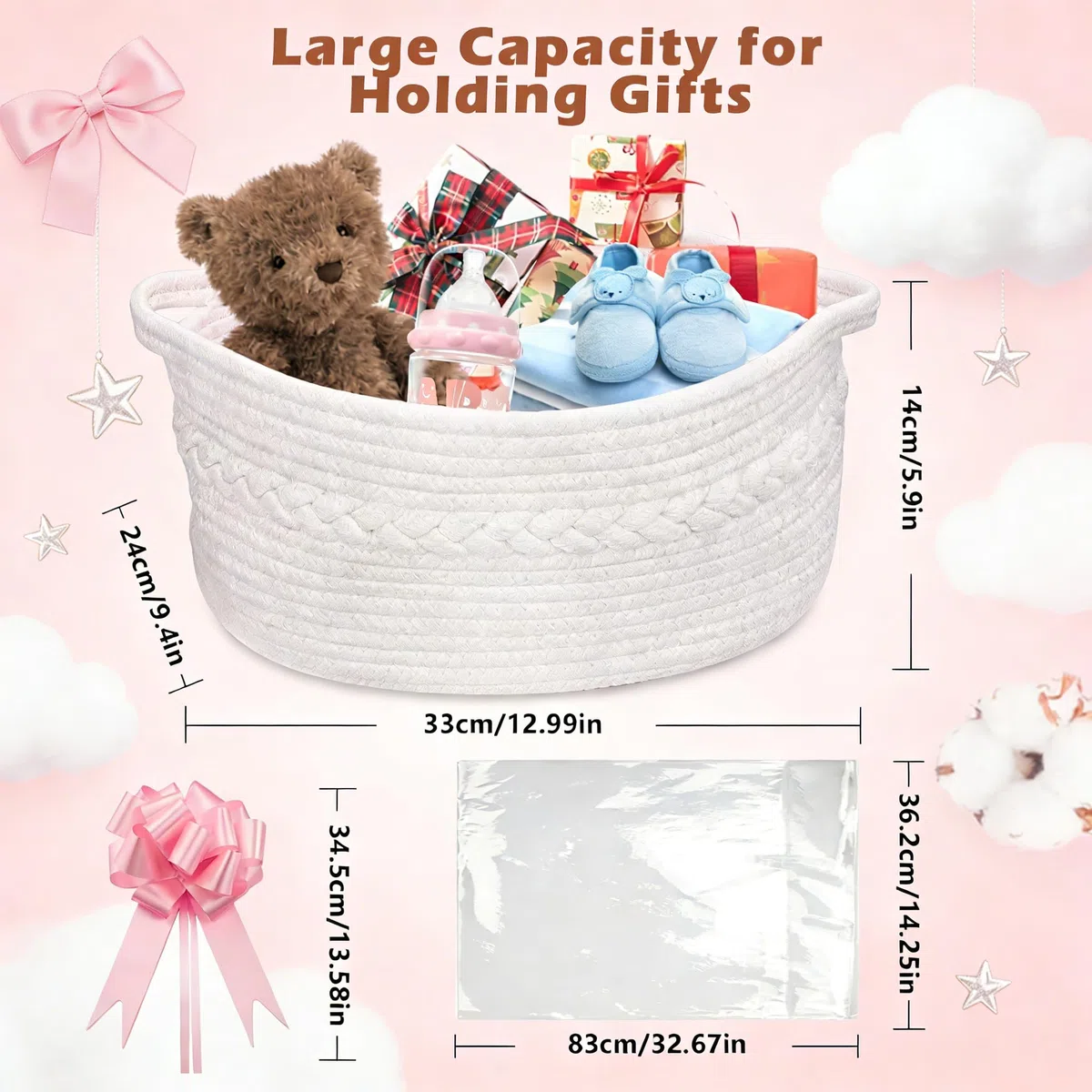 SelfTek Kit de Cesta de Regalo Con Bolsas de Celofán, Rafia y Lazos Tejidos - Cesta de Almacenamiento Vacía Para Baby Shower, Boda, Cumpleaños - 33 x 24 x 15 cm