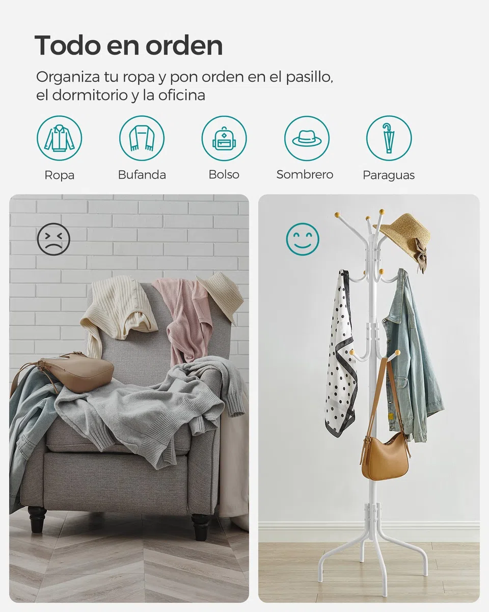 SONGMICS Perchero de Pie, Perchero de Metal con 12 Ganchos, 4 Patas, para Colgar Abrigos, Sombreros y Bolsos, para Entrada, Dormitorio, Oficina, Blanco RCR031W01