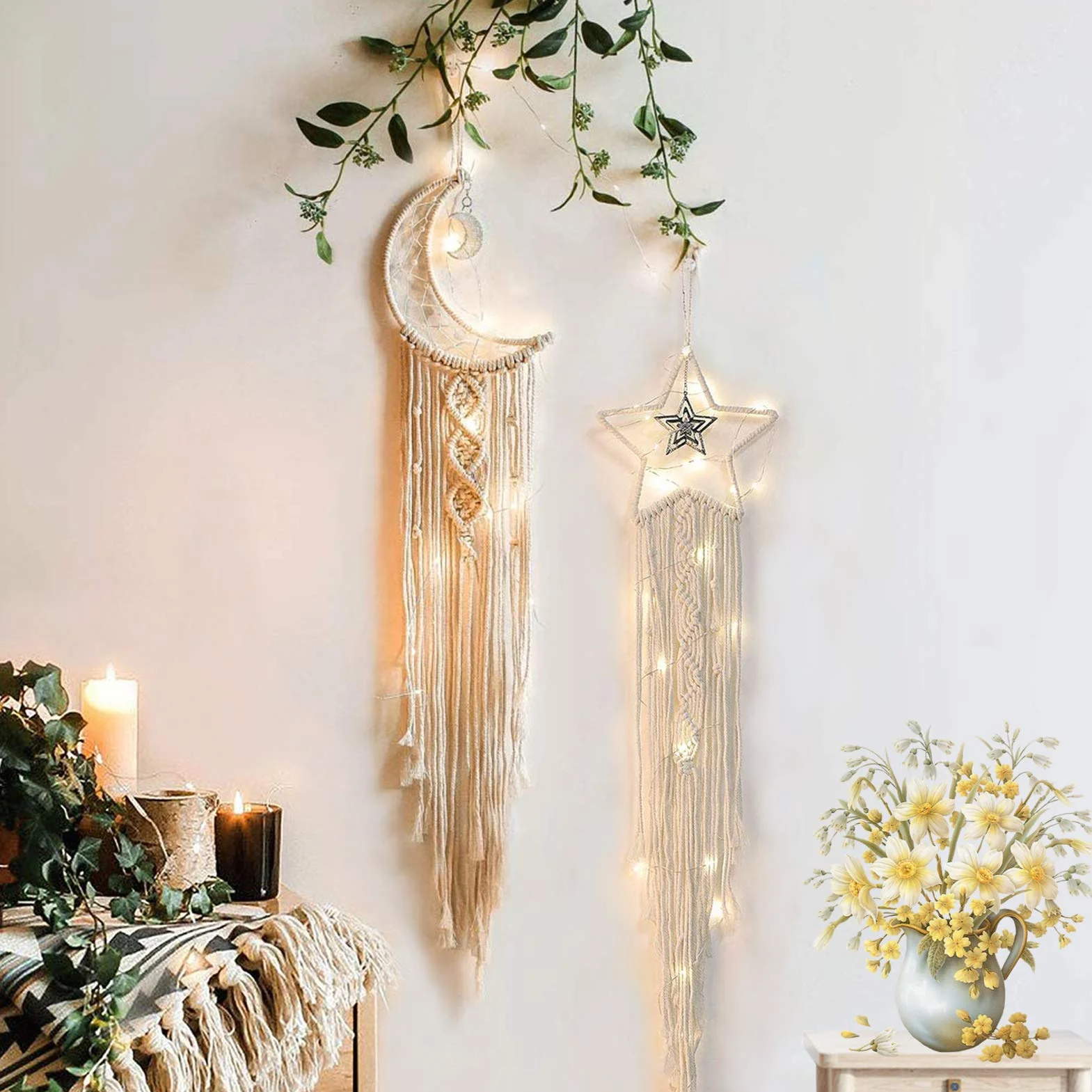 Tarklanda Atrapasueños Macramé LED Decoracion Pared Habitacion Boho Hecho a Mano Atrapasueños Luna Estrella Niñas Juvenil Regalo para Decoración Pared Habitación Salon Dormitorio Adornos
