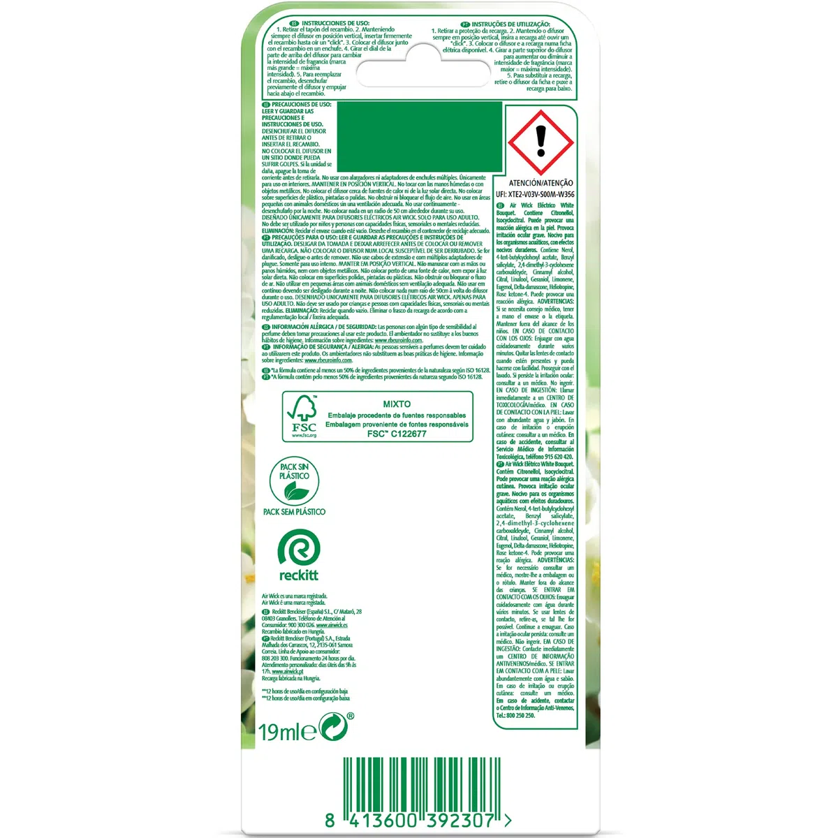 Air Wick Freshmatic - Recambios de ambientador Spray automático, Esencia para casa con Aroma a White Bouquet, Blanco, 1 Unidad (Paquete de 6)