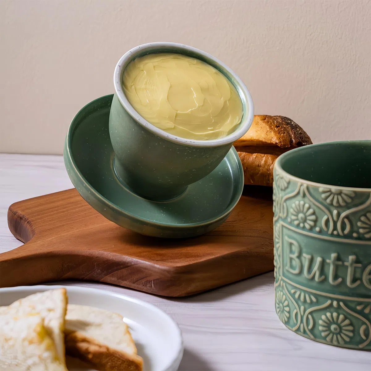 Mantequera francesa de cerámica PORFOYO, 200 ml, con tapa, enfriada por agua, con cuchillo de mantequilla, para mantequilla fresca y untable