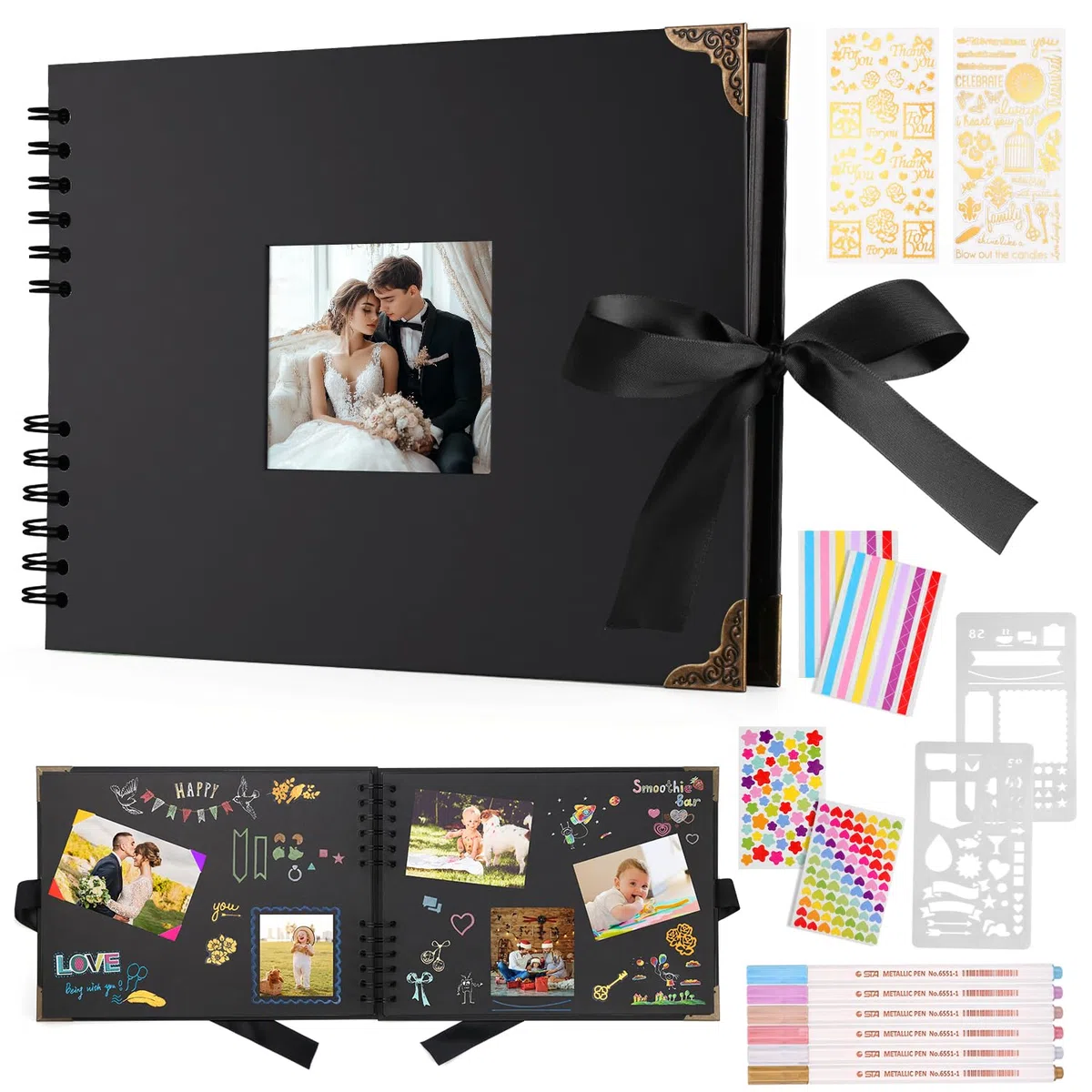 DazSpirit Album Fotos Scrapbook 29,5 X 21cm Album Fotos Para Pegar Y Escribir, Libro de Firmas 80 Páginas, 40 Hojas, Con 6 Bolígrafos Metálicos, Albunes para Fotos Cumpleaños Y Bodas (Negro)