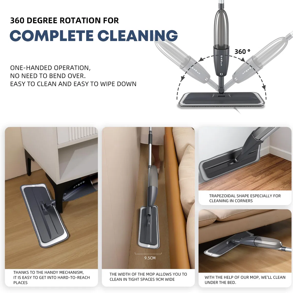 Mopa con Pulverizador, Mopa Fregona con Pulverizador, Mopas de Limpieza Suelos Spray Mop Microfibra Mopa Spray con 3 Microfibra Almohadilla Reutilizable y 360ml Botella para una Limpieza Rápida