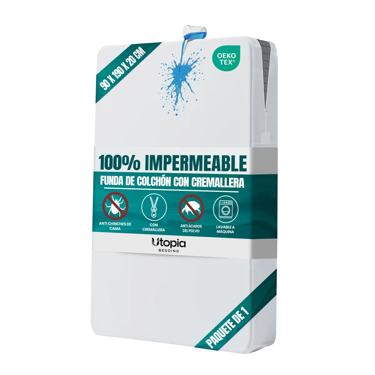 Utopia Bedding Funda de Colchón Impermeable (90 x 190 x 20 cm), Protector de Colchón con Cremallera, Antiácaros y Chinches Cubre Colchon, Blanco