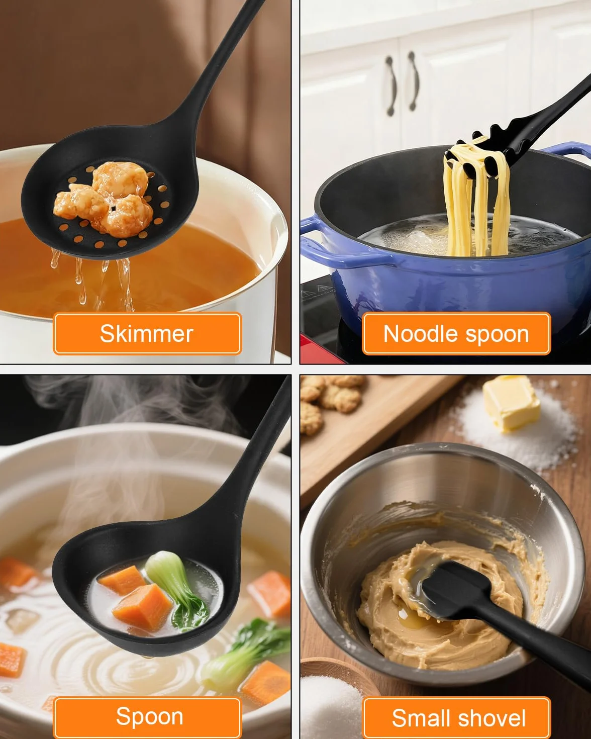 15 Piezas Utensilios de Cocina de Silicona,Negro Juego de Utensilios de Cocina de Silicona,Sin BPA,Juego Utensilios de Cocina Resistencia al Calor y Antiadherente con Cubo