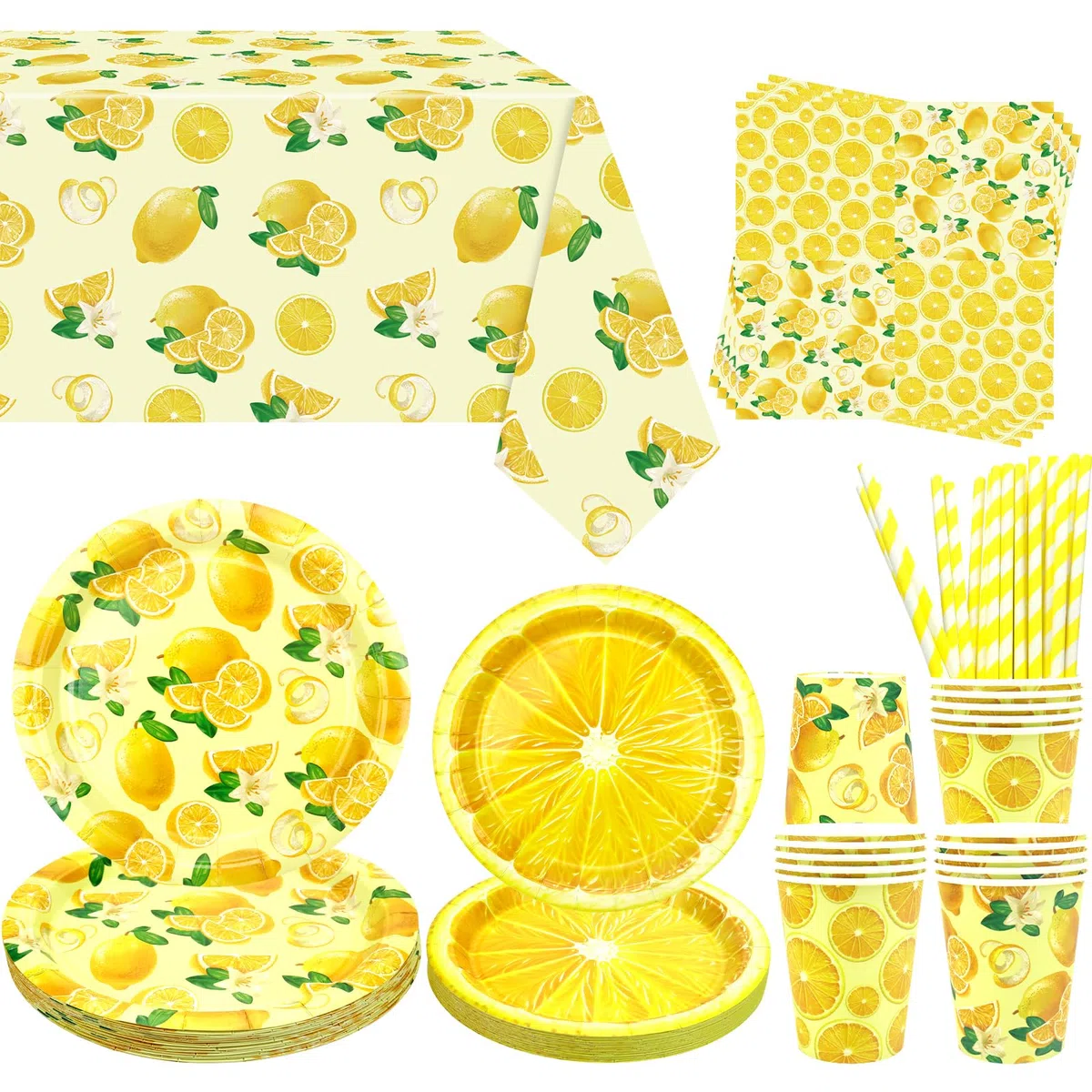 Decoración de fiesta de limón – Vajilla de fiesta de cumpleaños de limón, incluyendo platos, vasos, servilletas, manteles, pajitas, para 20 personas (amarillo)