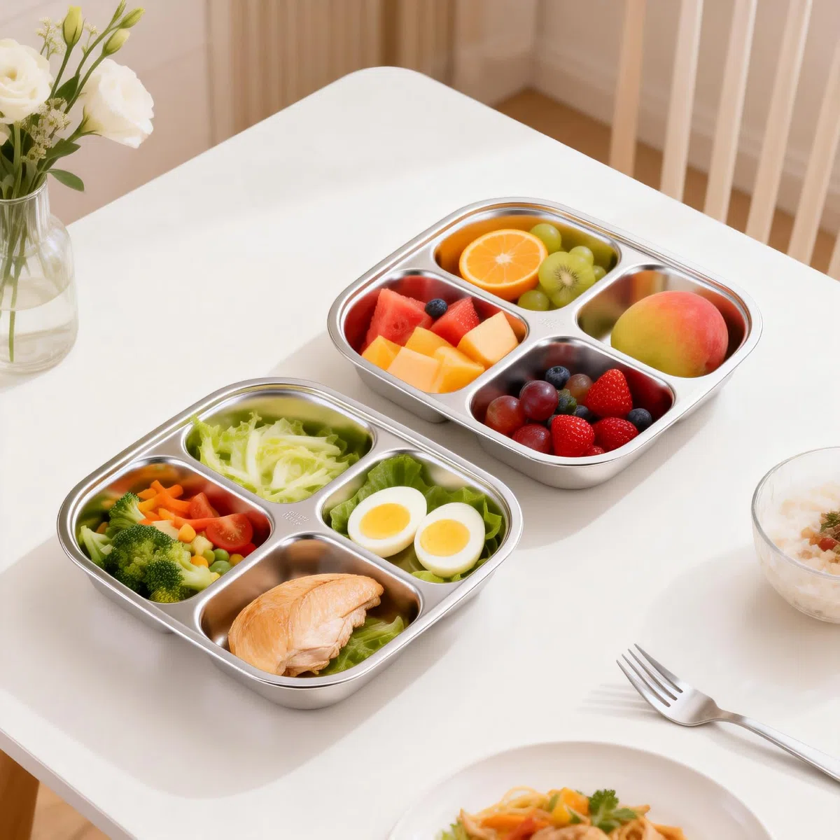 2uds Snack Box Con 4 Compartimentos, Fiambrera Acero Inoxidable Para Adultos, Recipientes Herméticos Para Alimentos, Tapers Para Comida Hermetico Con Tapa (600ML)