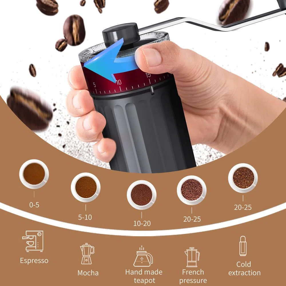 Molinillo de café manual, de mano, con mango plegable y grado de molienda ajustable, mecanismo de cerámica de acero inoxidable para café expreso y prensa francesa
