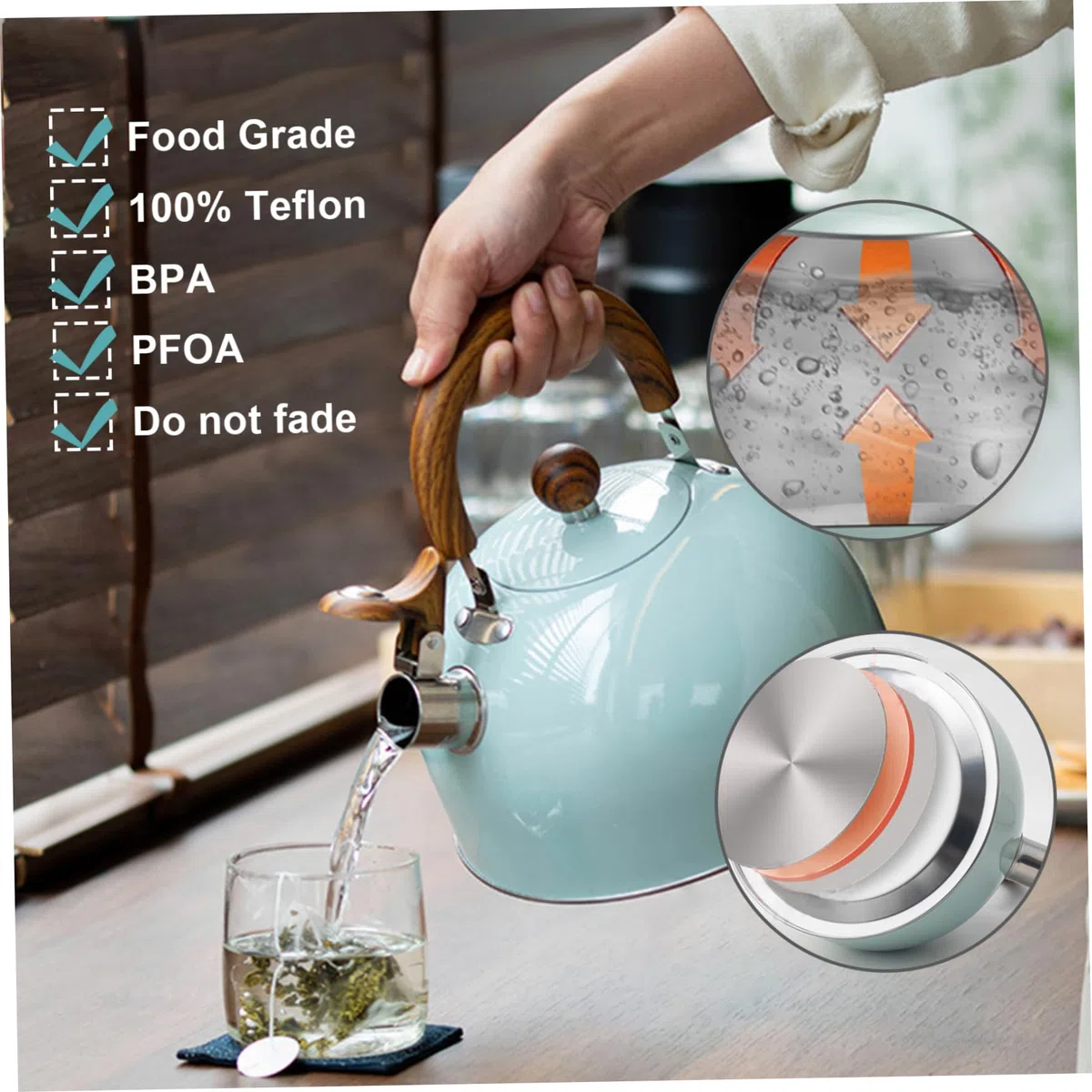 Tetera|Tetera con silbido Mango de Madera Pulida de Acero Inoxidable de Grado alimenticio de 3 litros Olla sin Olor para Cocina de inducción, Verde Claro