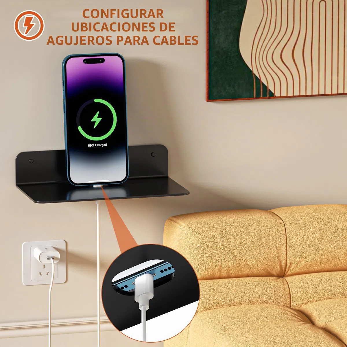 Wisfame Estantería de Pared Juego de 2, 23cm Baldas Pared sin Agujeros, Baldas Flotantes de Aluminio, Repisa Adhesiva para Baño, Salón, Dormitorio, Cocina, con Orificios para Cables (Negro)