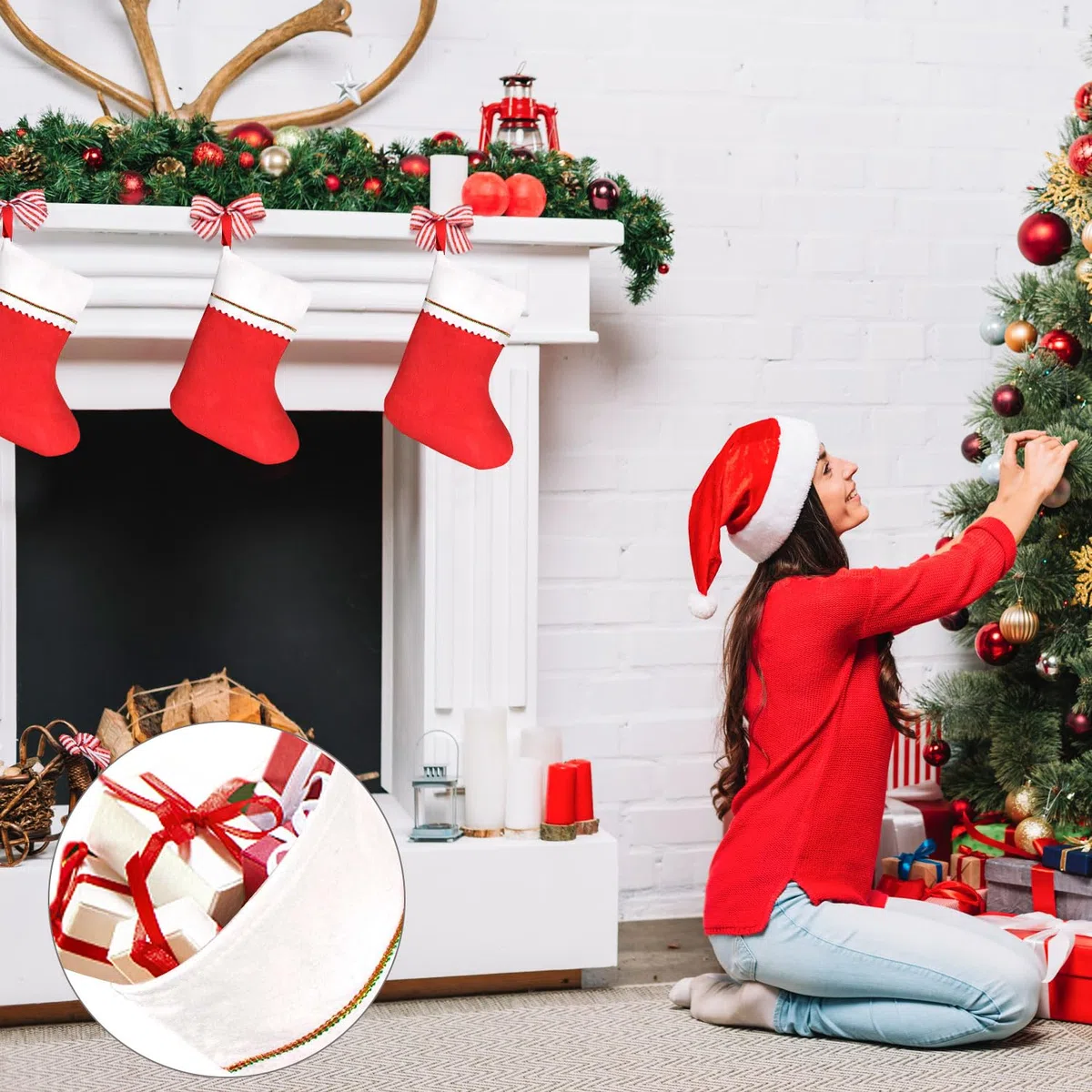 4 Piezas Medias de Navidad, para el árbol de Navidad Chimenea Decoración, Adorno de Navidad Bolsa de Dulces, Calcetín de Decoración Navideña para Llenar y Colgar