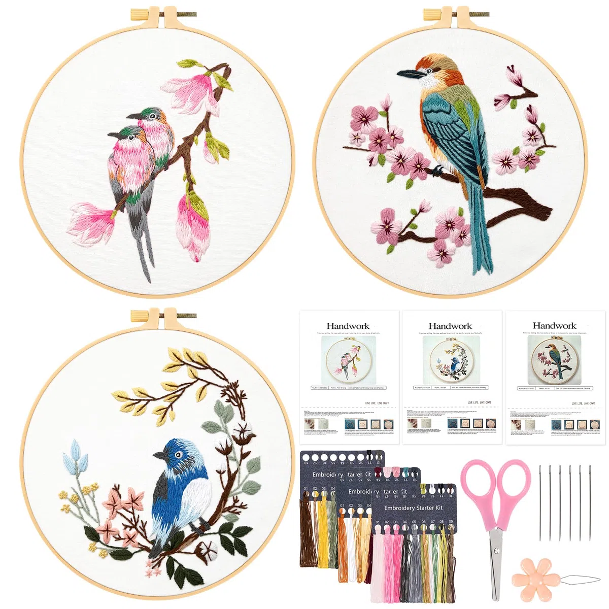 JSRQT 3 Piezas Bordado de Mano Kit Bordado Pájaros Flores Cross Stitch a Mano Patrones para Bordar para Principiantes Adultos Embroidery Kit Bordado Starter Kit Punto de Cruz Kit Completo Manualidades