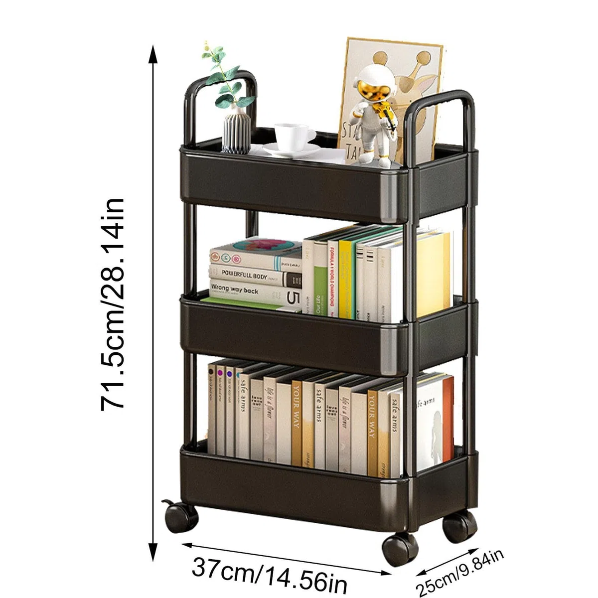 EHOTER Estantería móvil con ruedas de 2/3/4 niveles, estante móvil de almacenamiento, organizador multiusos para el hogar, escuela, lavandería (3 niveles, negro)