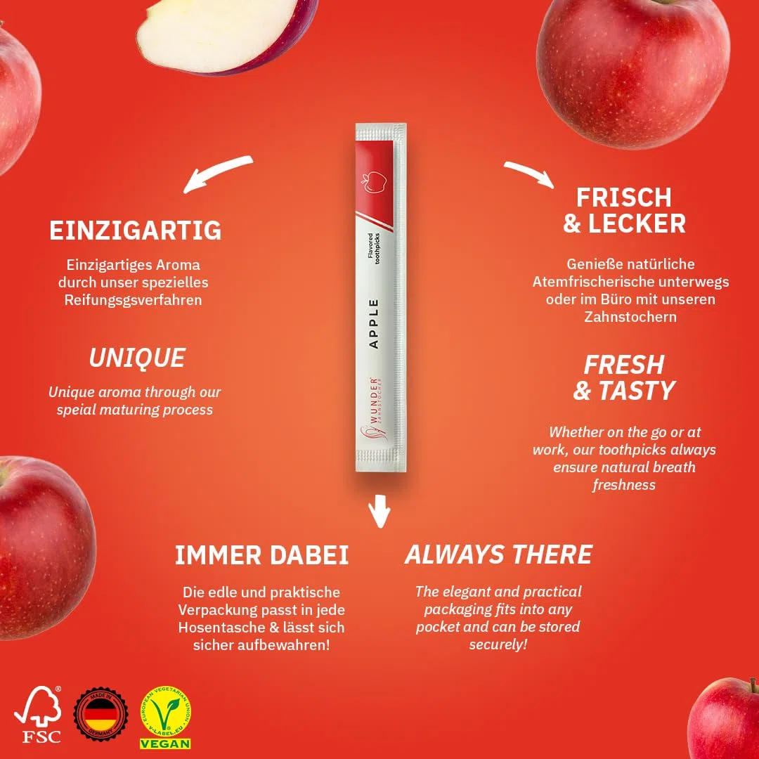 Wunder Palillos Dentales con Sabor – 100 Palillos Envueltos Individualmente - 8 Sabores Únicos para Refrescar el Aliento y Uso Diario