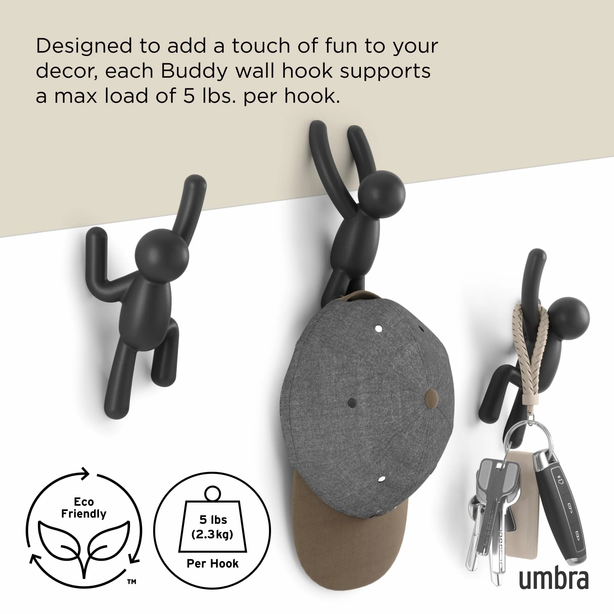 Umbra Buddy Ganchos de pared, juego de 3, Negro
