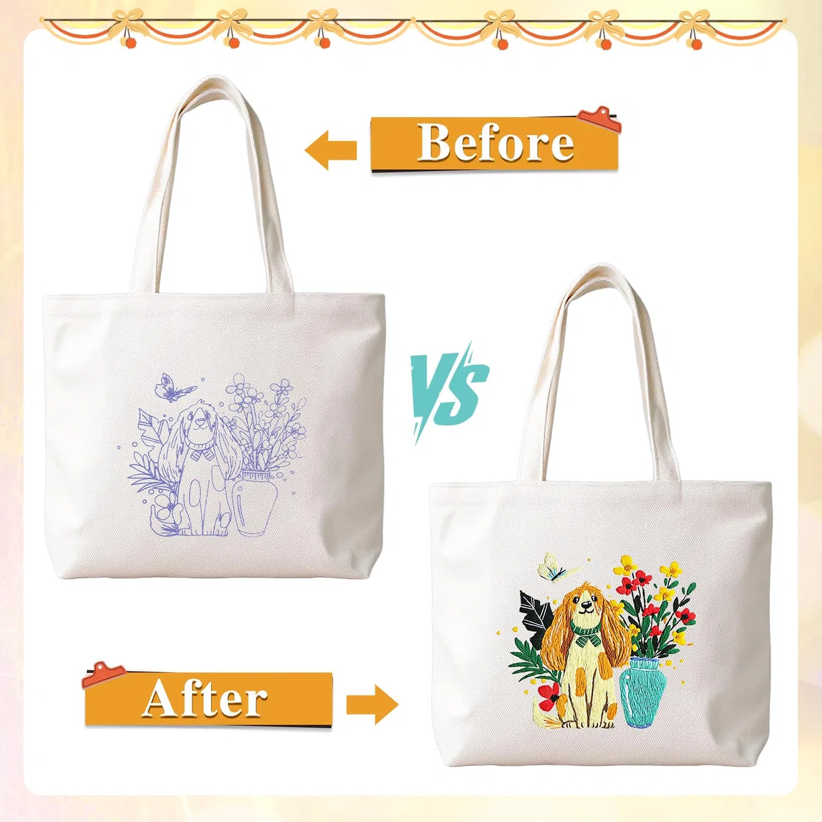 JSRQT Perro Kit de Bordado Bolso de Lona, Kit de Inicio Punto Cruz con Estampado de Flores para Principiantes Adultos, Bordado Hecha a Mano para Amantes Manualidades, con Instrucciones, Aguja e Hilo